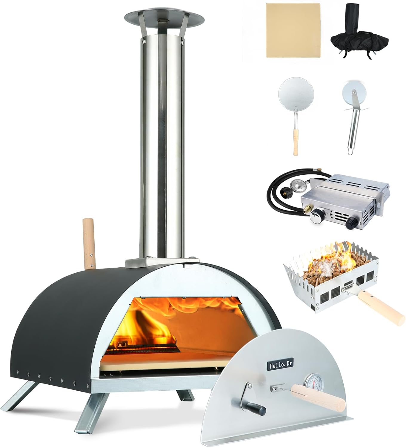 Hello. Dr 13" Multi-Fuel Pizza Oven Outdoor - Portable Wood Pellet and Gas Pizza Oven - Countertop Pizza Oven with Built-in Thermometer,Pizza Cutter..